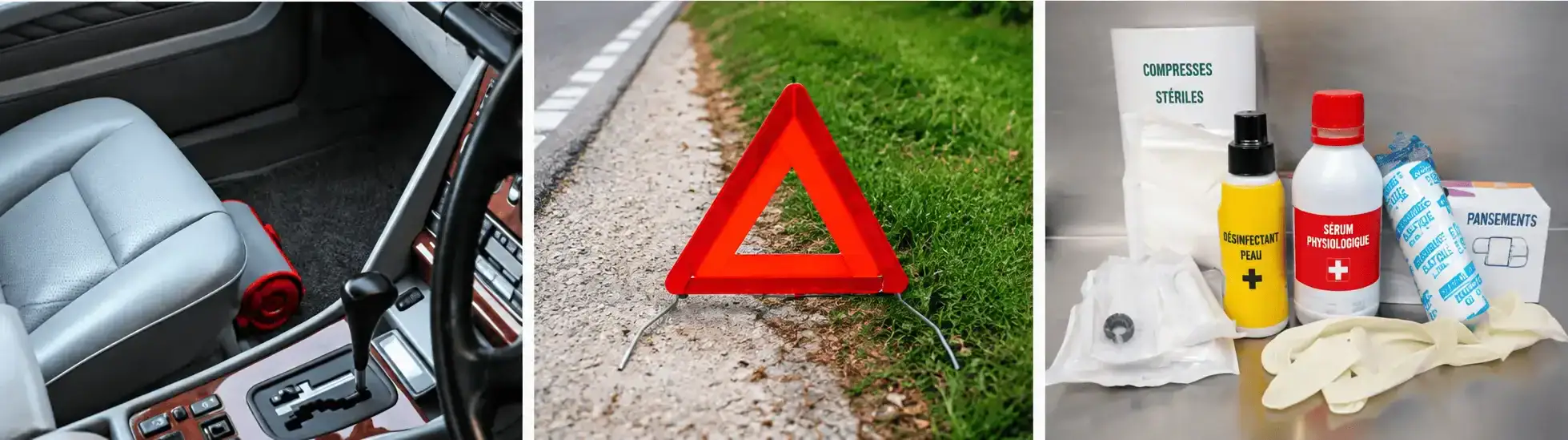 De gauche à droite : extincteur devant un siège avant, triangle de danger déployé au bord de la route et matériel de premiers secours.