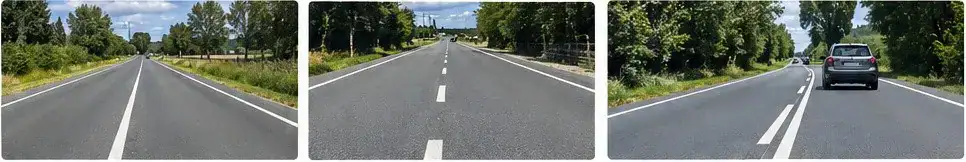 De gauche à droite : ligne blanche continue ; ligne blanche discontinue ; lignes juxtaposées, continue du côté de la voiture et discontinue du côté opposé.
