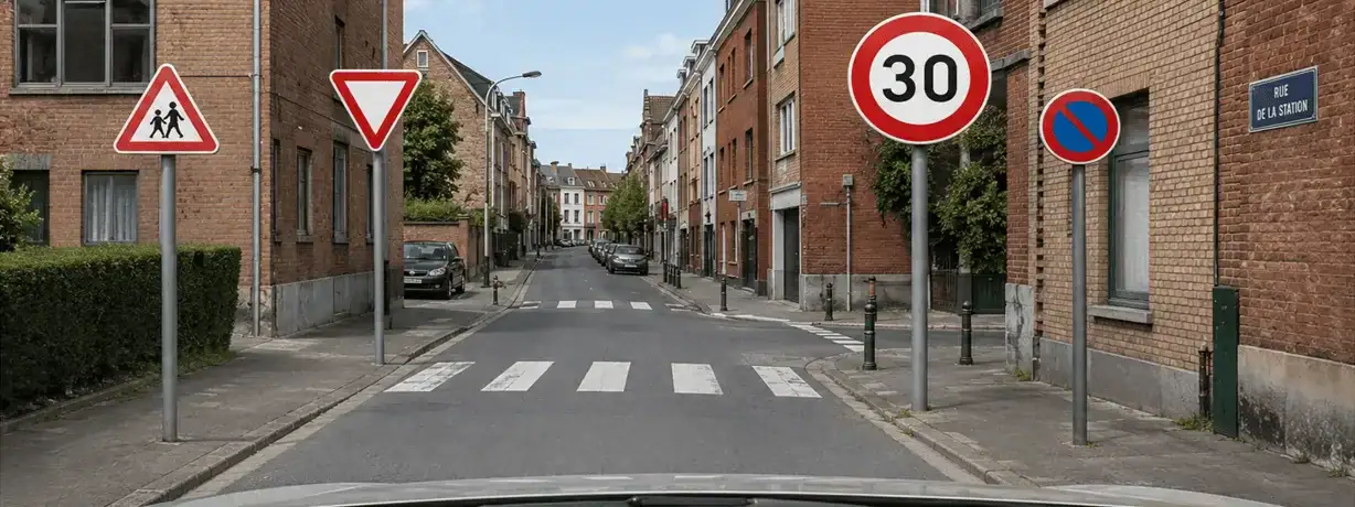 Rue avec passages pour piétons : à gauche, signal annonçant des enfants et signal « céder le passage » ; à droite, limitation à 30 km/h et stationnement interdit.