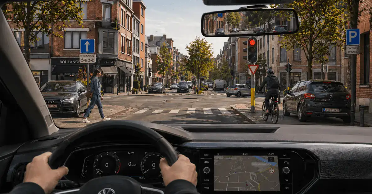 Vue du conducteur : feu rouge au-dessus d’un panneau « cédez le passage », passage pour piétons devant la voiture, piéton à gauche et cycliste à droite.