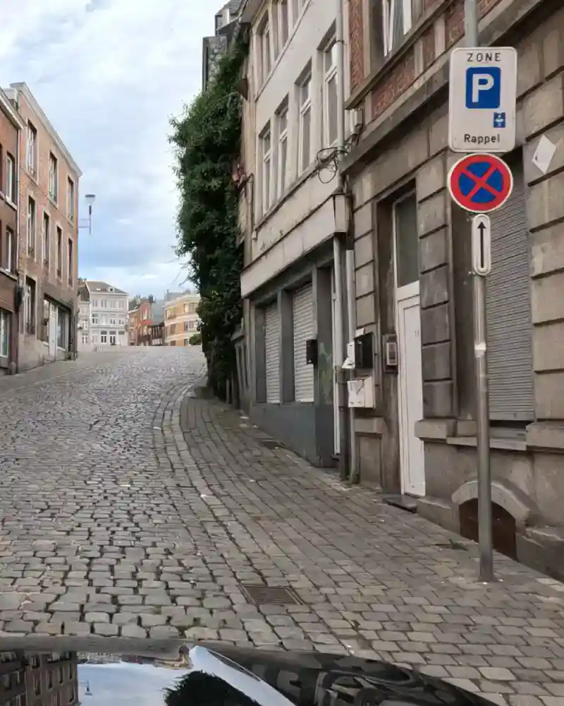 Rue pavée avec un signal E3 et une flèche vers le haut, sous un panneau de rappel de zone de stationnement.