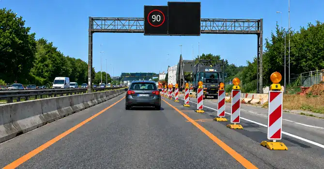 Voiture entre deux lignes orange continues, avec des balises rouges et blanches à droite et un marquage blanc encore visible à côté du tracé temporaire.