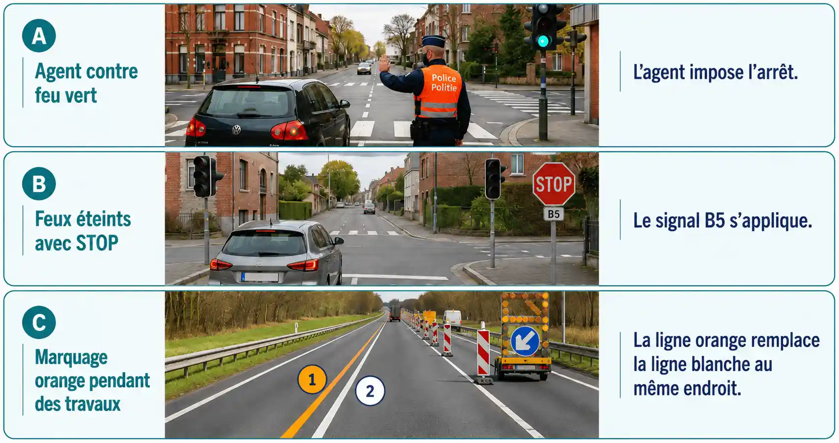 A : un agent vu de dos lève une main près d’un feu vert. B : des feux éteints accompagnent un panneau STOP. C : dans une zone de travaux, une ligne orange repérée 1 longe une ligne blanche repérée 2.