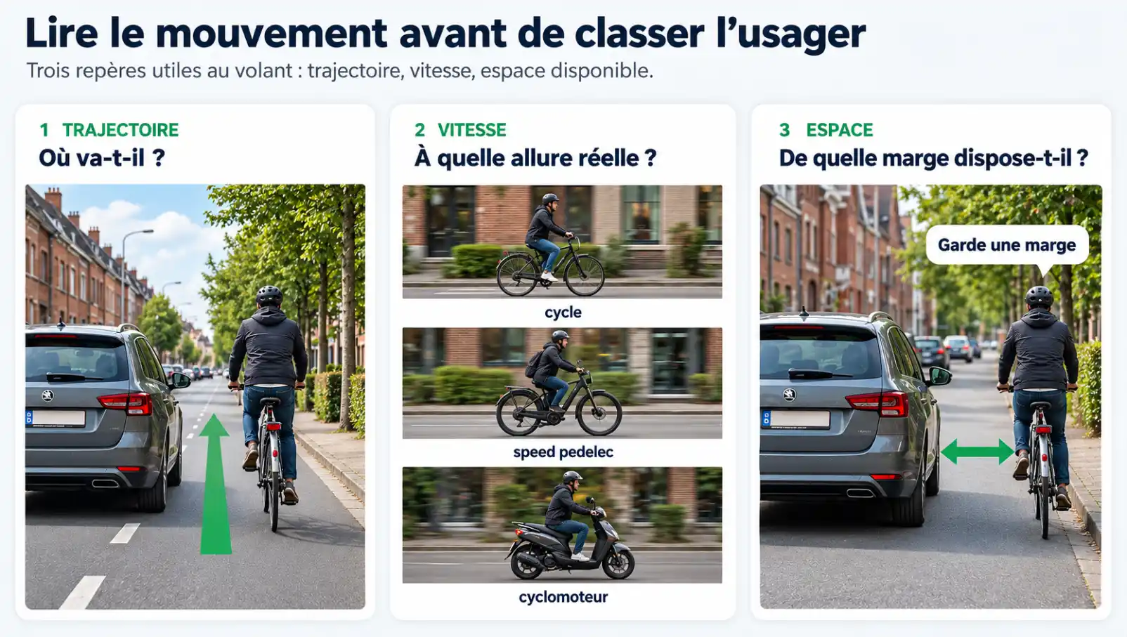 Trois repères : une flèche indique la trajectoire du cycliste tout droit ; les silhouettes d’un cycle, d’un speed pedelec et d’un cyclomoteur illustrent la vitesse à évaluer ; une double flèche montre la marge latérale entre voiture et cycliste.