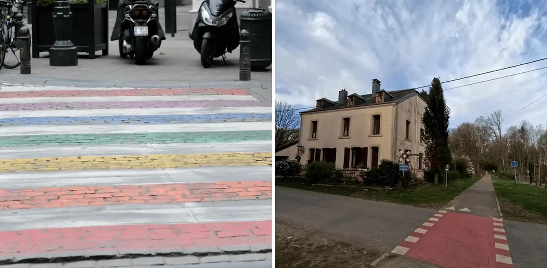 À gauche, passage pour piétons à bandes blanches alternant avec des bandes colorées ; à droite, traversée cyclable sur fond rouge bordée de deux rangées de rectangles blancs.