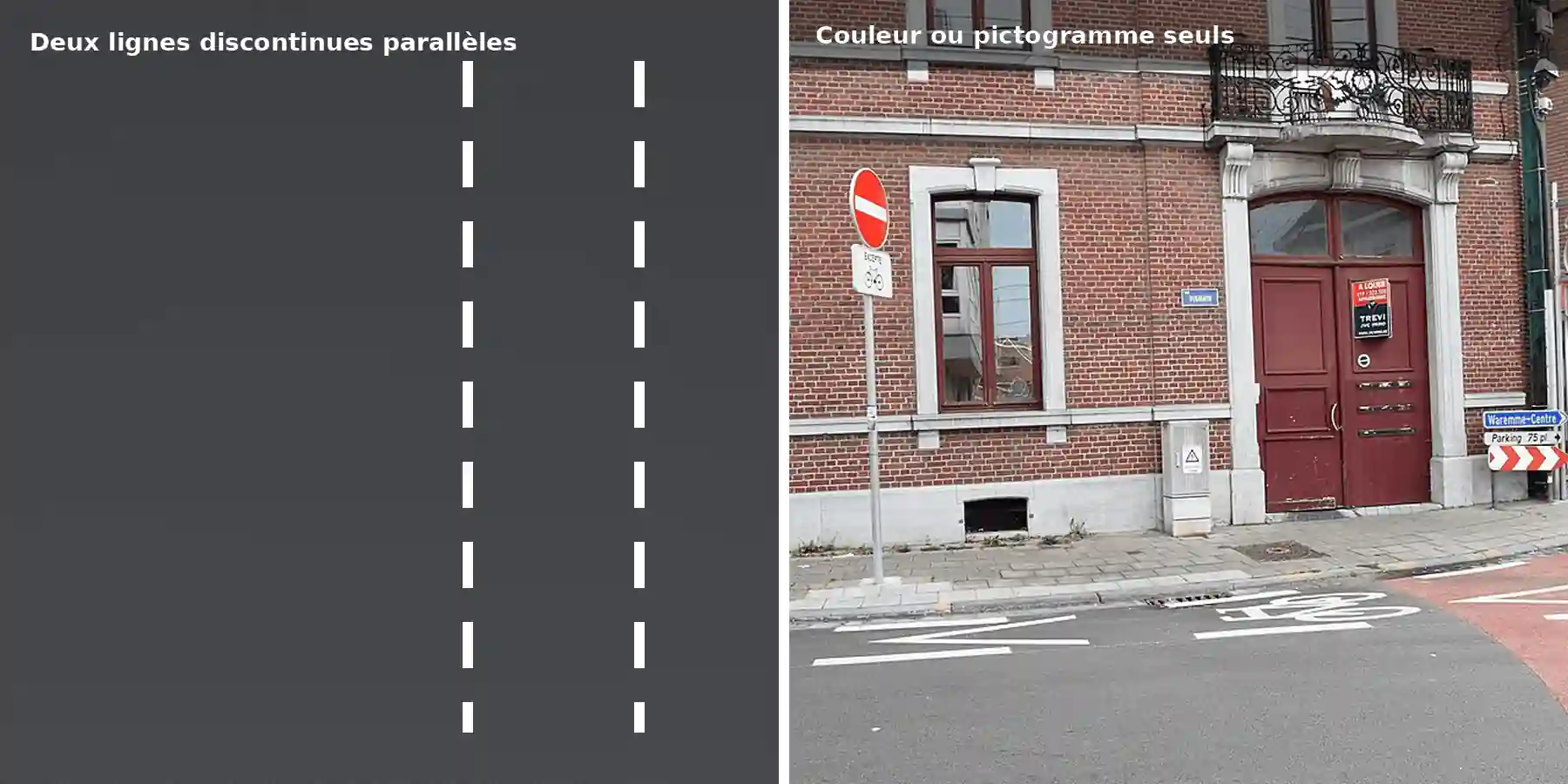 À gauche, espace délimité par deux lignes blanches discontinues parallèles ; à droite, pictogramme de vélo et chevrons sur la chaussée, près d’un revêtement rouge, sans ces deux lignes parallèles.