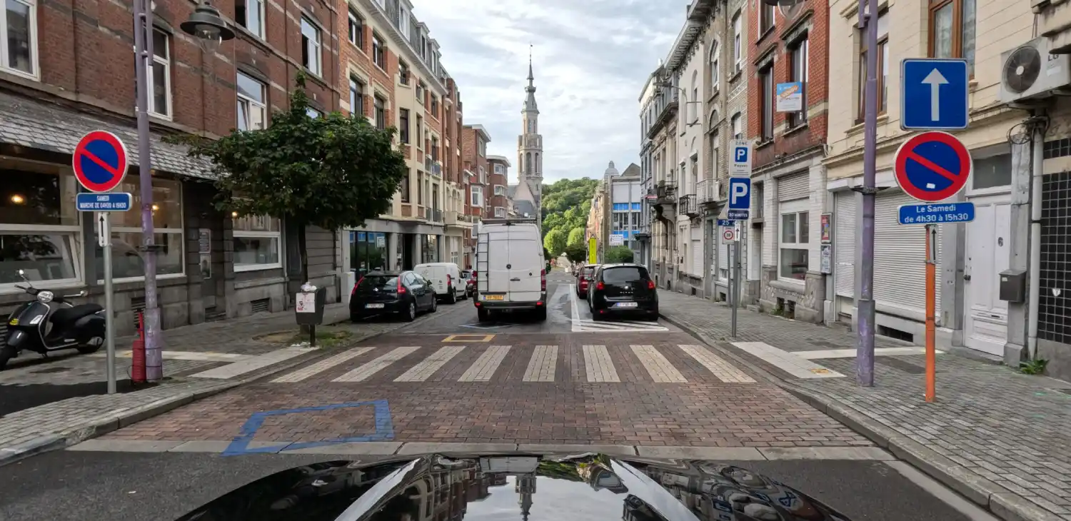 Passage pour piétons au premier plan d’une rue à sens unique, avec des voitures au bord de la chaussée au-delà du passage.