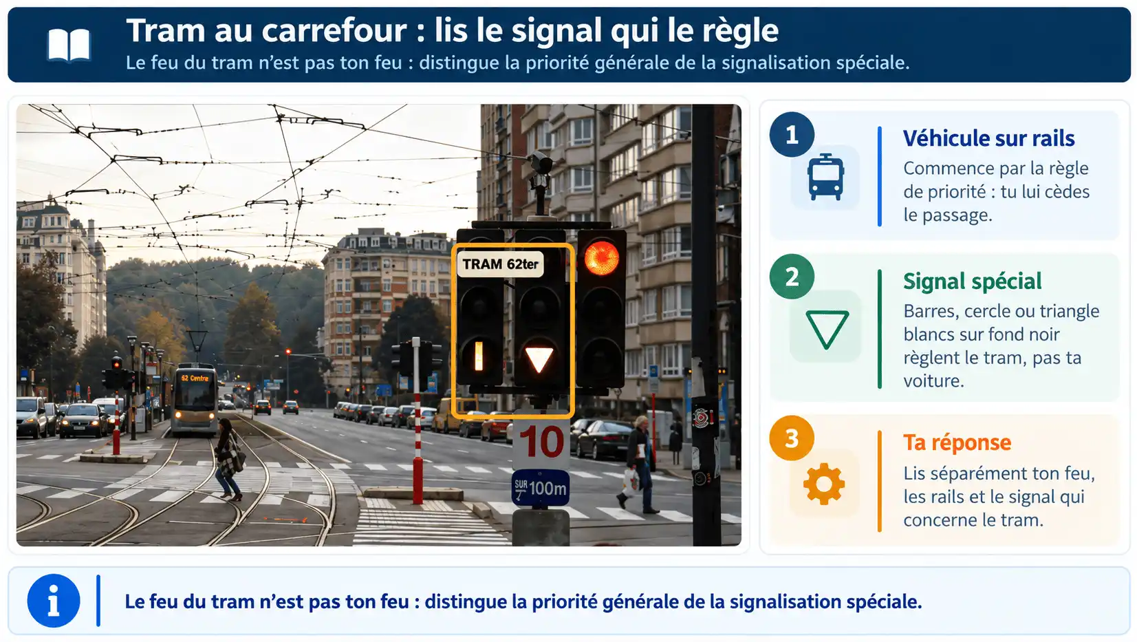 Tram au carrefour ; deux signaux spéciaux encadrés affichent une barre verticale et un triangle pointe en bas, à côté d’un feu tricolore au rouge.