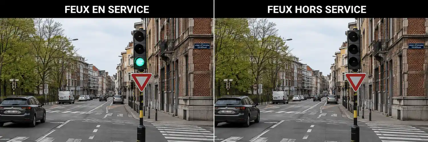 Même carrefour : à gauche, « FEUX EN SERVICE », le feu est vert ; à droite, « FEUX HORS SERVICE », les trois optiques sont éteintes. Le signal B1 reste présent sous le feu dans les deux vues.