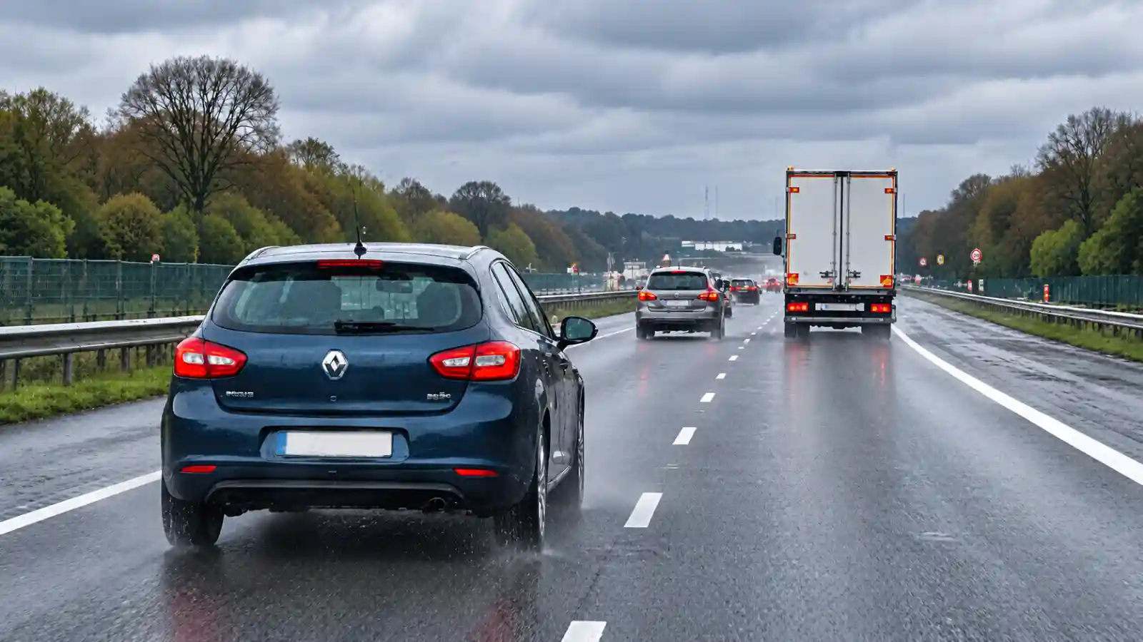 Voiture bleue au premier plan dans la voie de gauche et camion plus loin à droite, sur une autoroute mouillée.