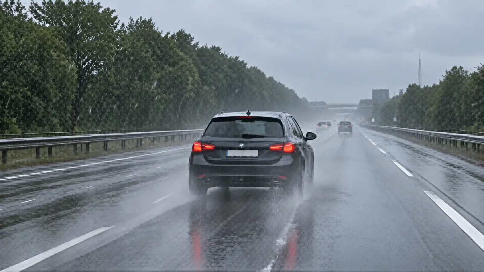 Voiture devant sur une chaussée mouillée, avec des projections d’eau et d’autres véhicules moins distincts au loin.