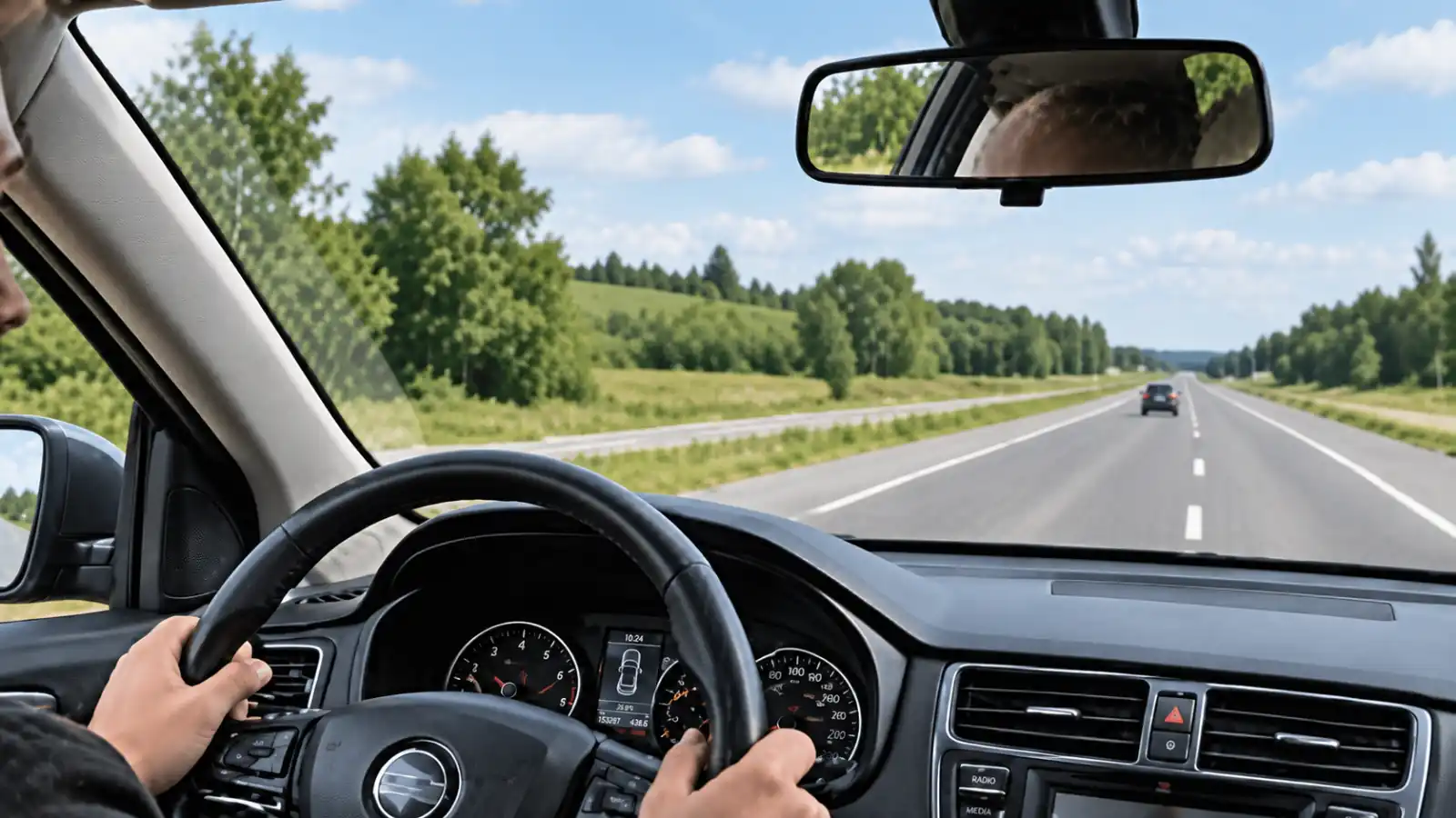 Vue depuis l’habitacle : une voiture est visible devant sur une route droite, par temps clair.
