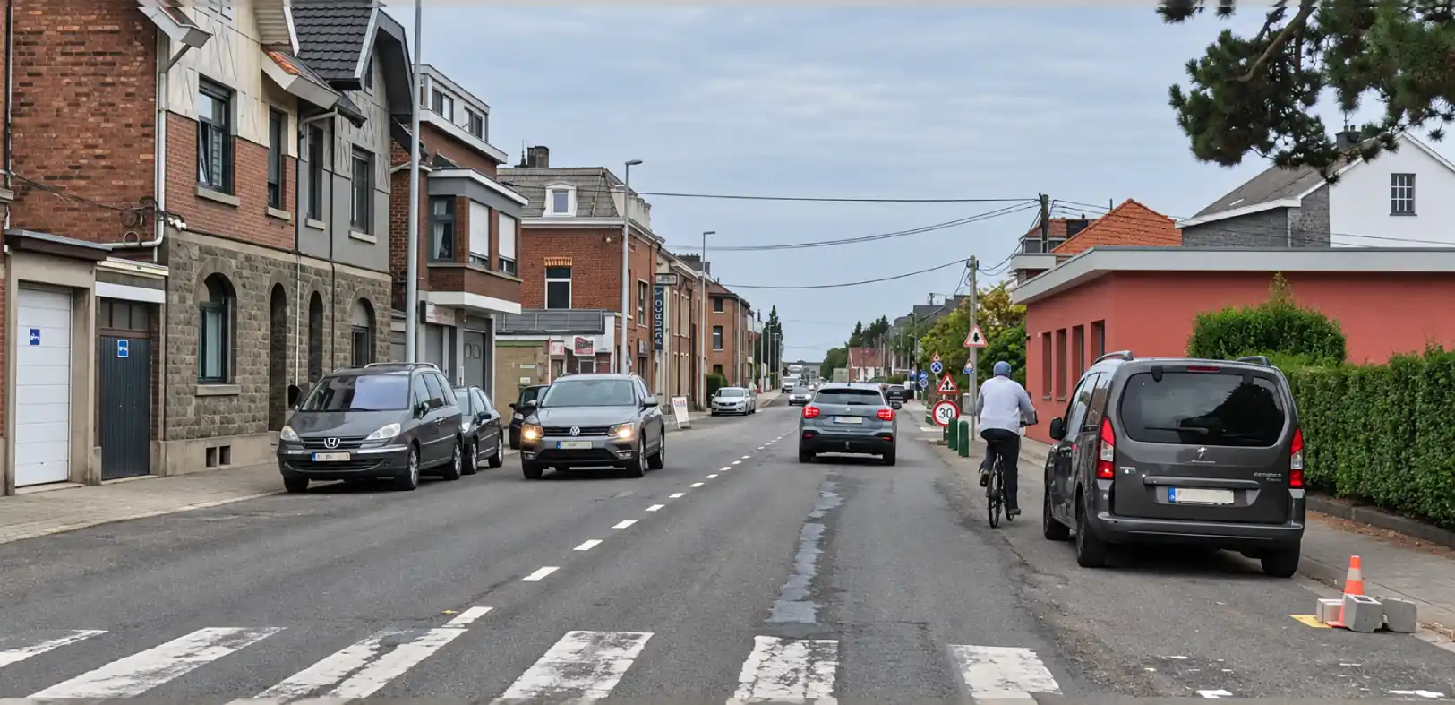 Cycliste à gauche d’une voiture stationnée au bord droit, avec une voiture devant lui et un véhicule arrivant en sens inverse.