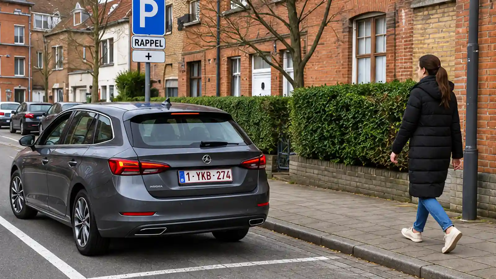 Voiture dans une place délimitée au bord de la chaussée, avec une piétonne sur le trottoir près de son arrière droit.