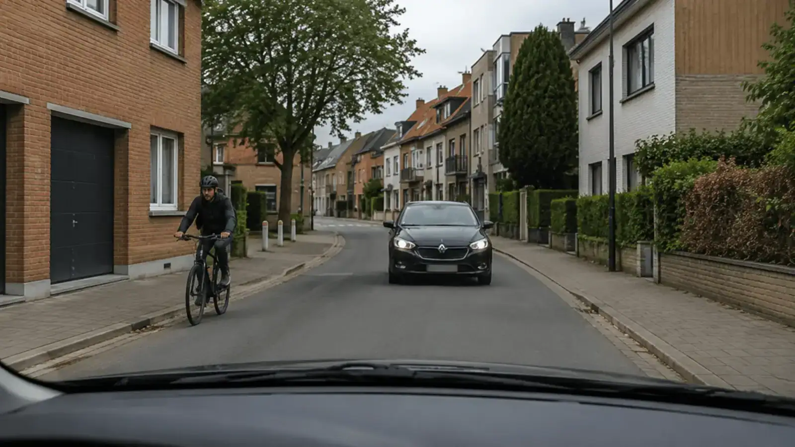 Une voiture et un cycliste arrivent de face dans une rue résidentielle ; le cycliste longe le trottoir à gauche de l’image.