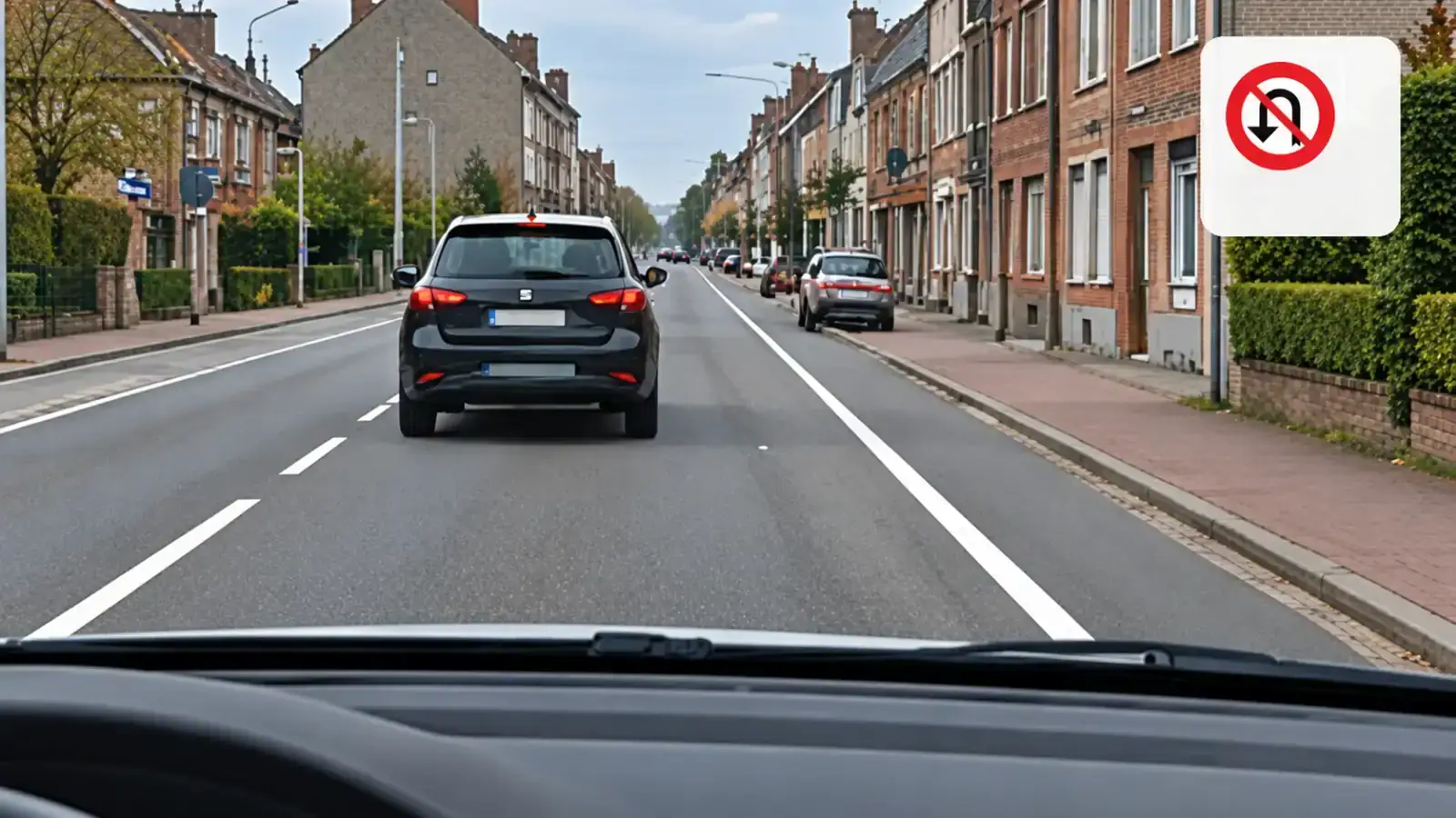 Rue avec une voiture devant et une ligne axiale discontinue ; en haut à droite, un encart montre une flèche de demi-tour barrée de rouge.