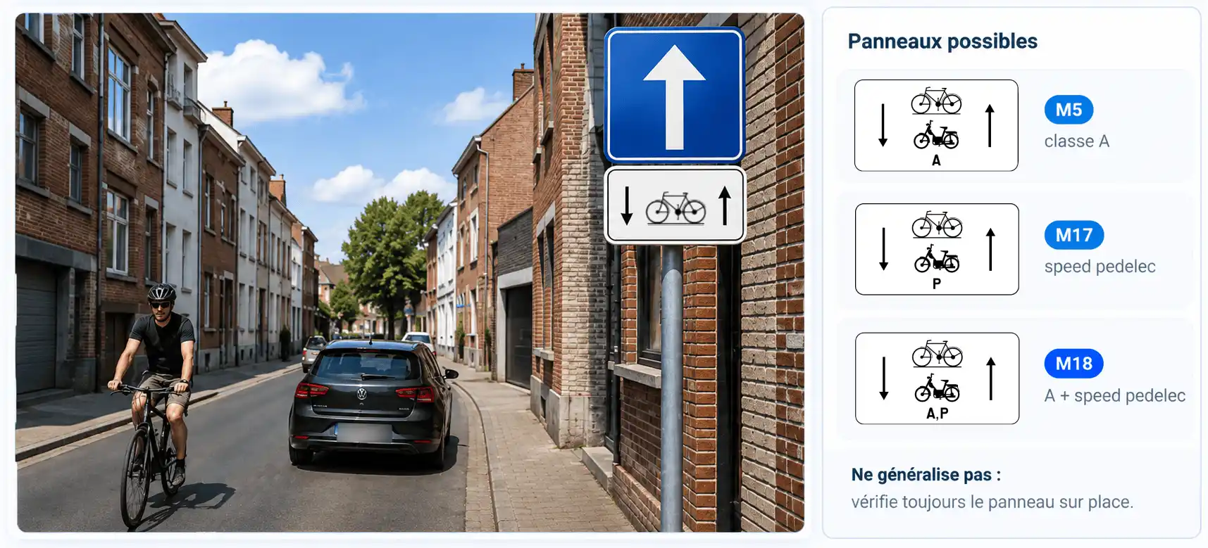 Une voiture et un cycliste circulent en sens opposés. Le signal F19 est complété par M4, avec un vélo entre deux flèches opposées. À droite, les panneaux M5, M17 et M18 portent respectivement les lettres A, P et A,P.
