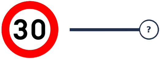 Signal « 30 » relié par une ligne à un point d’interrogation représentant la fin d’application à déterminer.