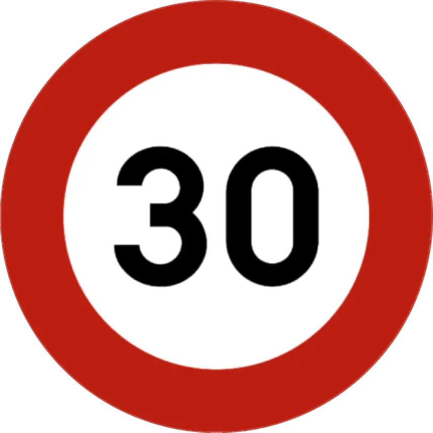 Signal de limitation à 30 km/h : disque blanc à bord rouge portant le nombre 30.