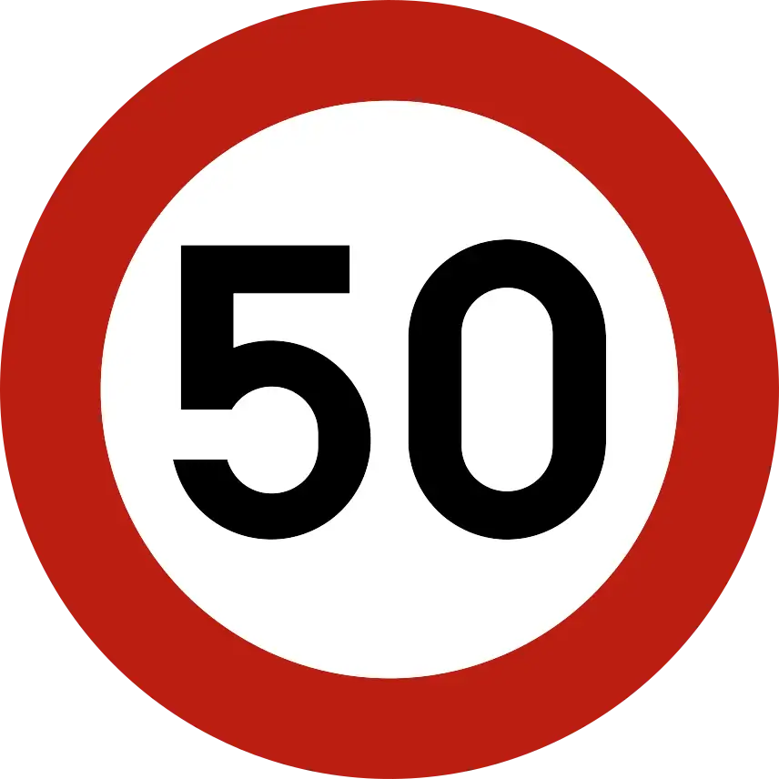 Signal de limitation à 50 km/h : disque blanc à bord rouge portant le nombre 50.