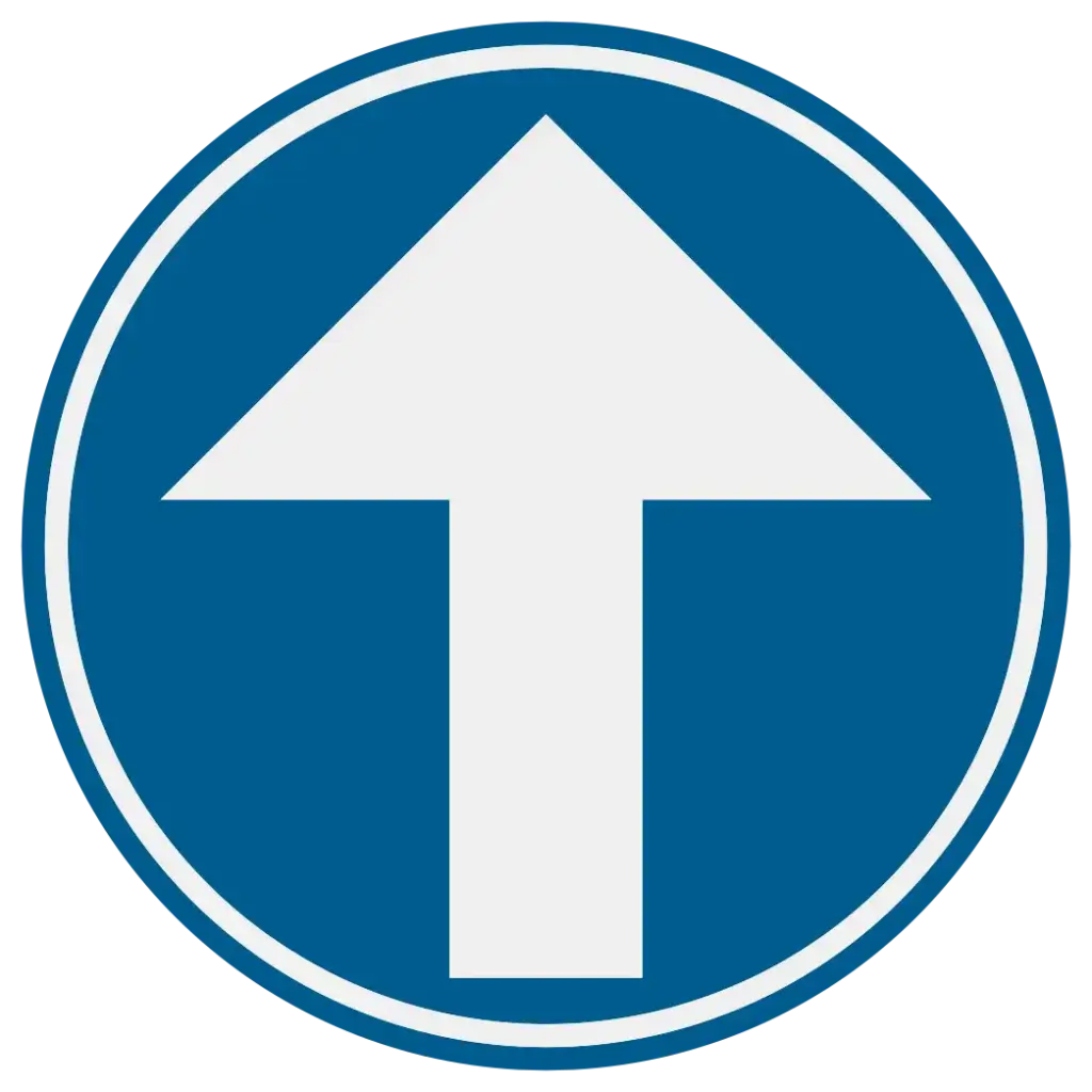 Disque bleu avec une flèche blanche vers le haut : direction obligatoire tout droit.