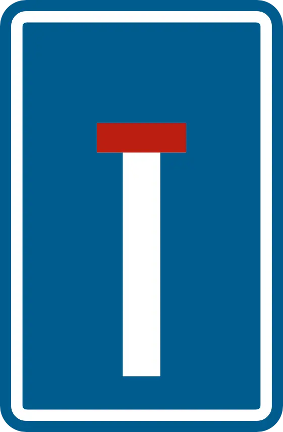 Signal de voie sans issue : rectangle bleu avec une barre blanche verticale terminée en haut par une barre rouge.