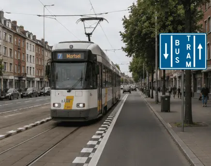 Tram sur un site bordé d’un damier blanc, avec un signal F18 portant les mentions BUS et TRAM et deux flèches de sens opposés.
