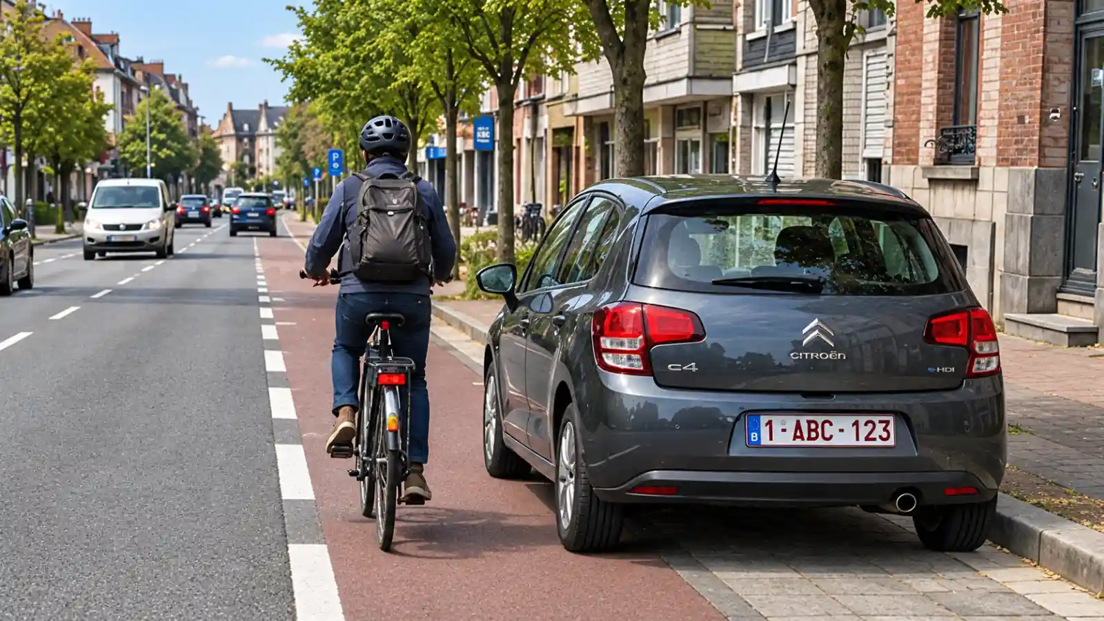 Un cycliste roule sur une bande rouge, à gauche d’une voiture stationnée qui empiète sur cette bande.