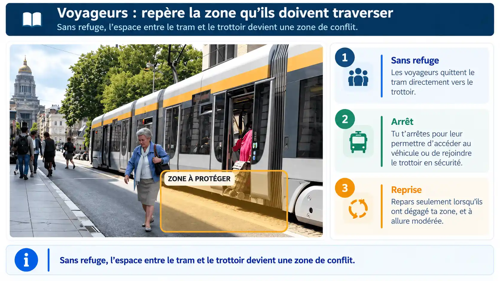 Voyageurs entre les portes ouvertes d’un tram et le trottoir, sans refuge ; la zone à traverser est encadrée en jaune.