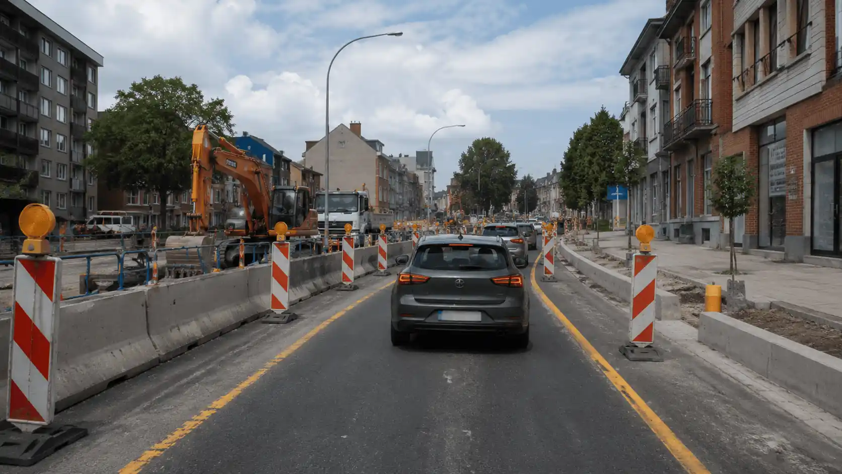 File de voitures dans un passage resserré, délimité par des lignes jaunes, des balises et des séparateurs en béton, avec des engins de chantier à gauche.