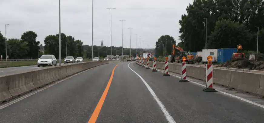 Sur une route en travaux, une ligne orange continue et une ligne blanche encore visible suivent des tracés différents ; des balises bordent le chantier à droite.