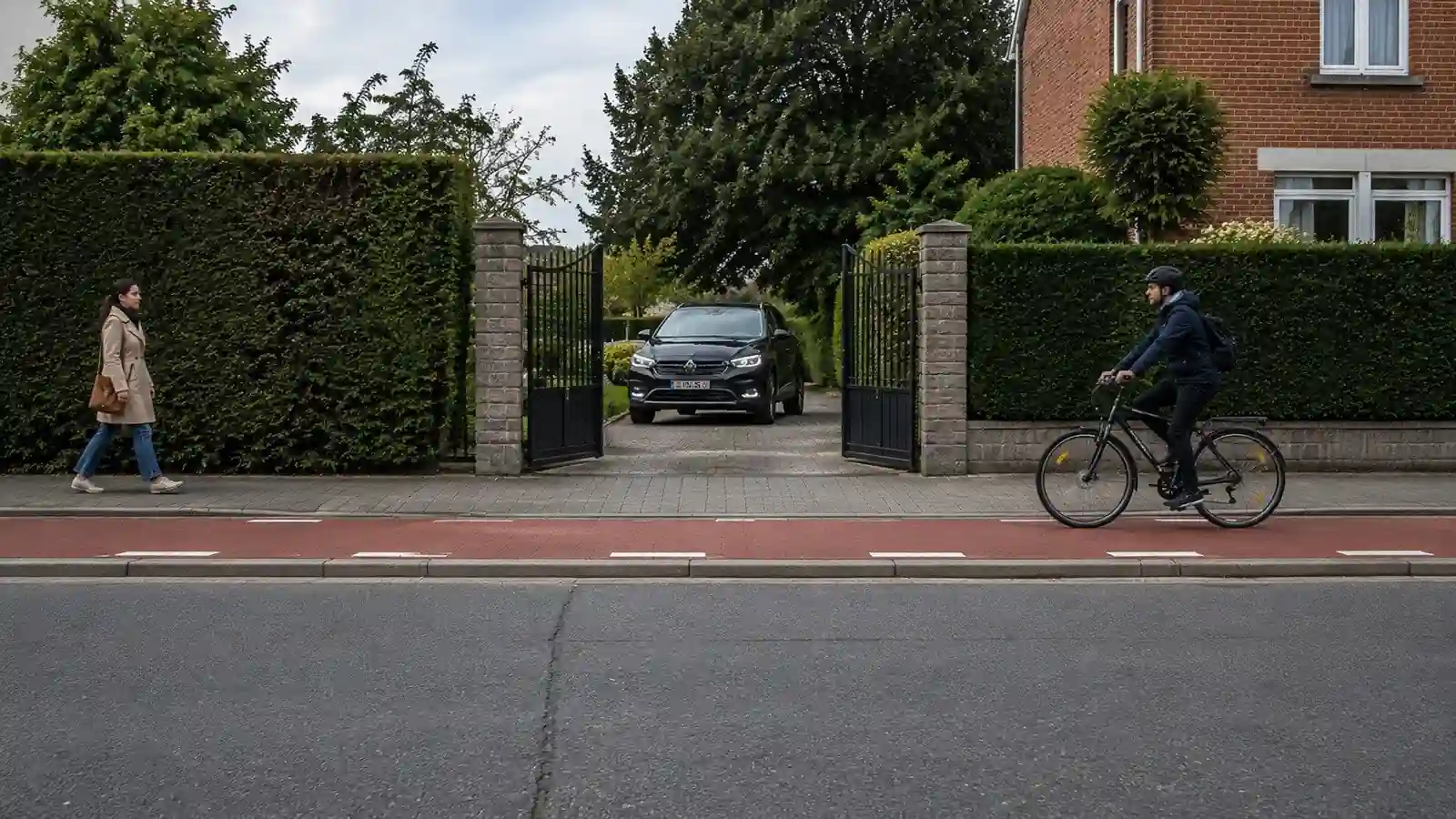 Voiture dans une entrée de propriété, derrière un trottoir et une piste cyclable rouge ; une piétonne et un cycliste arrivent de côtés opposés.