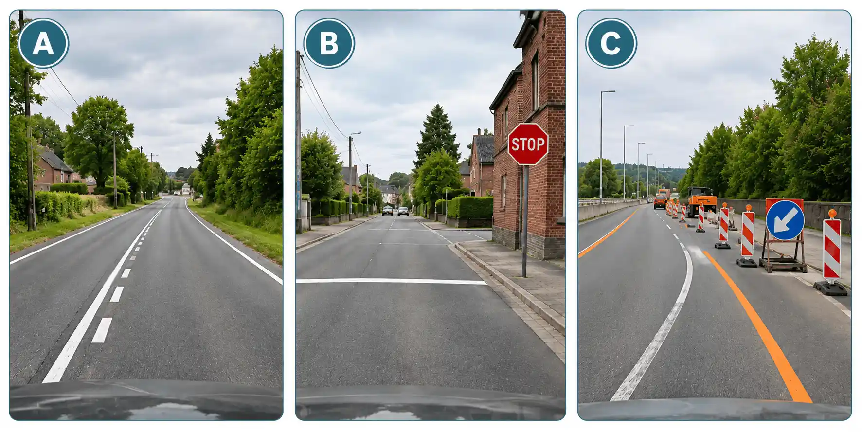 A : lignes blanches juxtaposées, discontinue du côté du conducteur et continue de l’autre côté. B : signal STOP à droite et ligne blanche transversale. C : chantier à droite, lignes orange, ancienne ligne blanche suivant un autre tracé et signal bleu à flèche dirigée vers le bas à gauche.