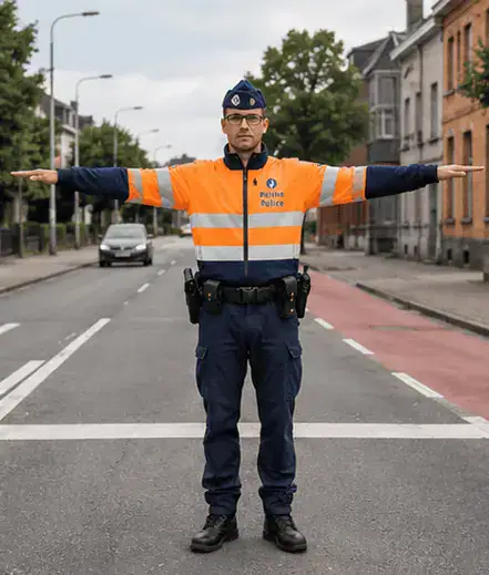 Agent de police vu de face, les deux bras tendus horizontalement de chaque côté du corps.