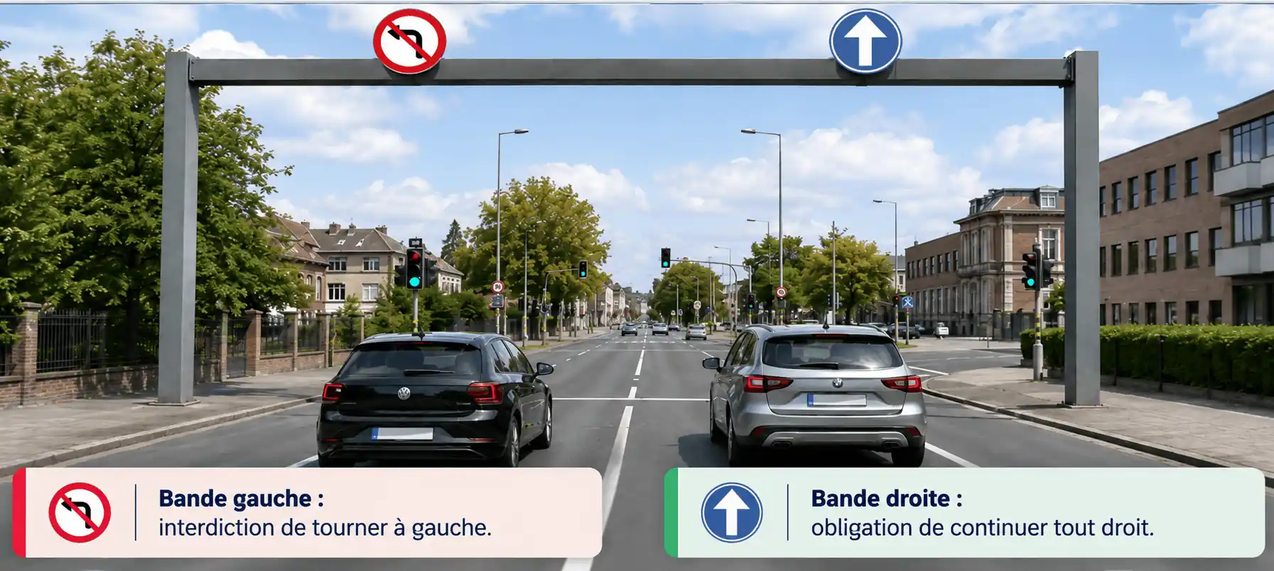 Au-dessus de la bande gauche, un signal interdit de tourner à gauche ; au-dessus de la bande droite, un disque bleu impose de continuer tout droit.