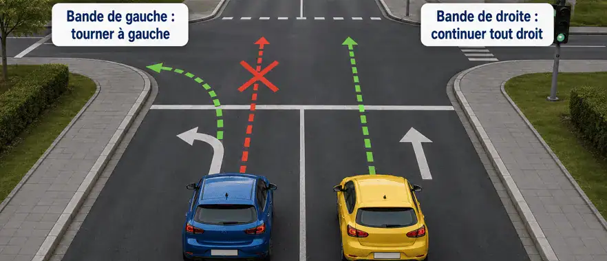 À gauche, une voiture bleue occupe une bande marquée d’une flèche vers la gauche. À droite, une voiture jaune occupe une bande marquée d’une flèche tout droit. La trajectoire tout droit depuis la bande de gauche est barrée en rouge.