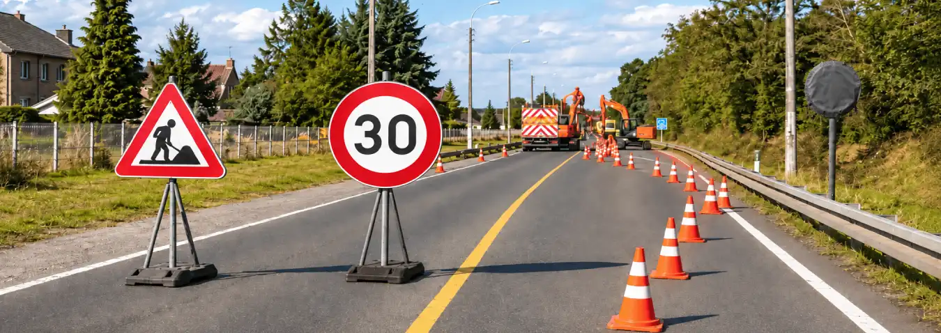 Chantier avec un signal de travaux et une limitation à 30 km/h sur supports mobiles, des cônes, un marquage orange et un panneau masqué à droite.