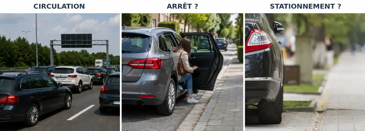 Trois scènes : une file de véhicules dans un embouteillage, une passagère qui descend d’une voiture et une voiture au bord du trottoir.