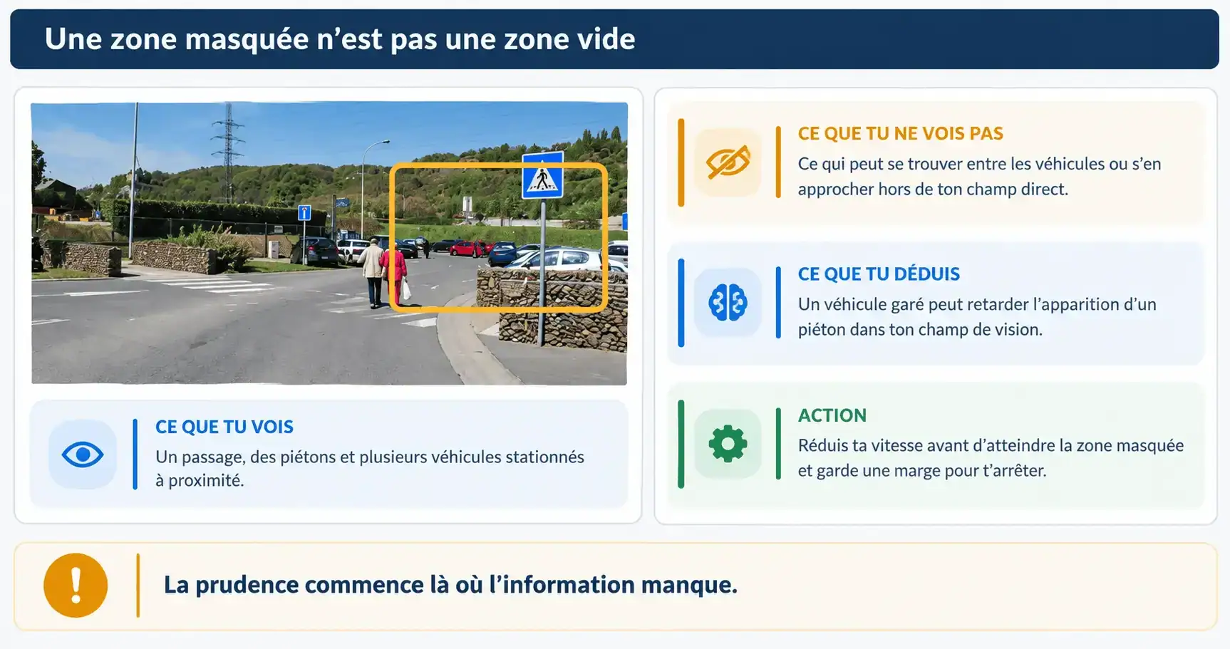 Deux piétons traversent près de voitures stationnées et d’un muret ; un cadre jaune attire l’attention sur les abords du passage.
