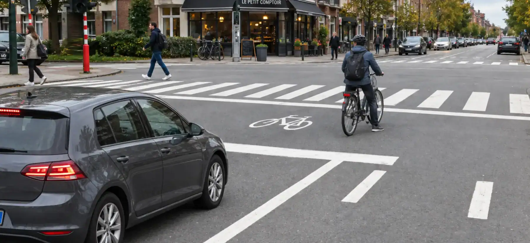 Une voiture se trouve avant la première ligne d’arrêt et un cycliste entre les deux lignes, dans la zone marquée d’un symbole de bicyclette, avant le passage pour piétons.