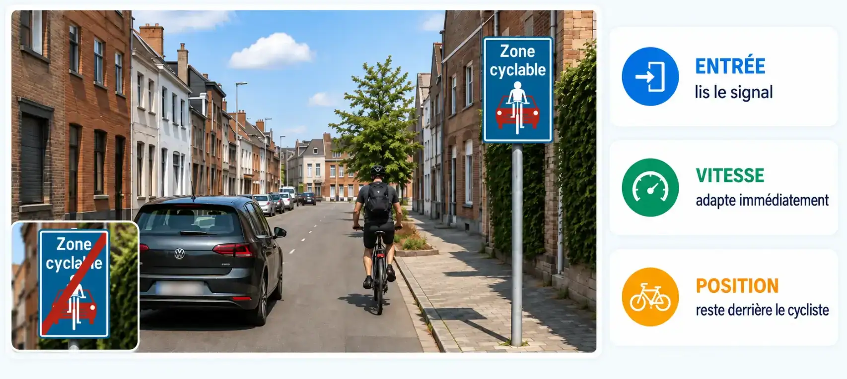 Signal bleu « Zone cyclable », avec un cycliste blanc devant une voiture rouge ; en bas à gauche, même signal barré en rouge. À droite : lire le signal, adapter sa vitesse et rester derrière le cycliste.