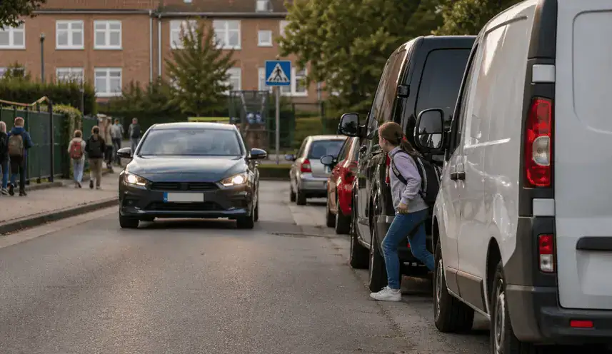 Une piétonne s’avance sur la chaussée entre deux camionnettes stationnées alors qu’une voiture approche.