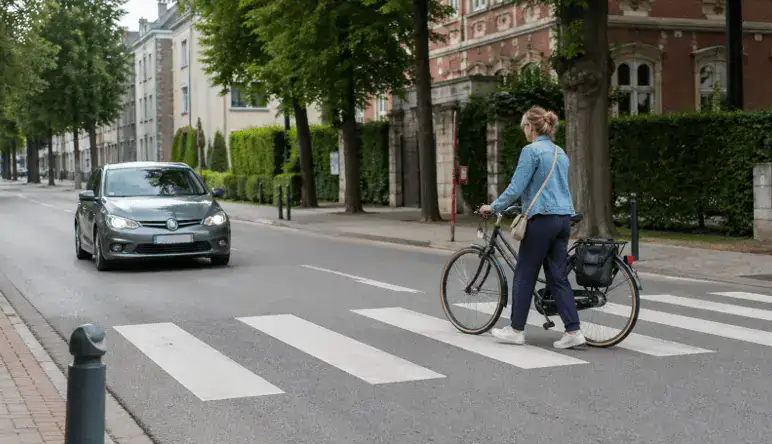 Une personne traverse sur un passage pour piétons en poussant son vélo à la main, tandis qu’une voiture approche.