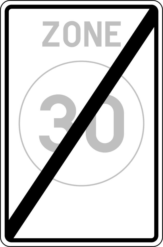 Panneau « ZONE 30 » grisé et barré d’une diagonale noire.