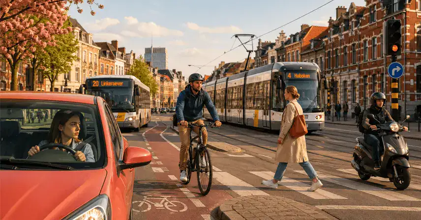 Voiture, vélo, scooter, autobus et tram dans une même rue, où une piétonne traverse sur un passage pour piétons.