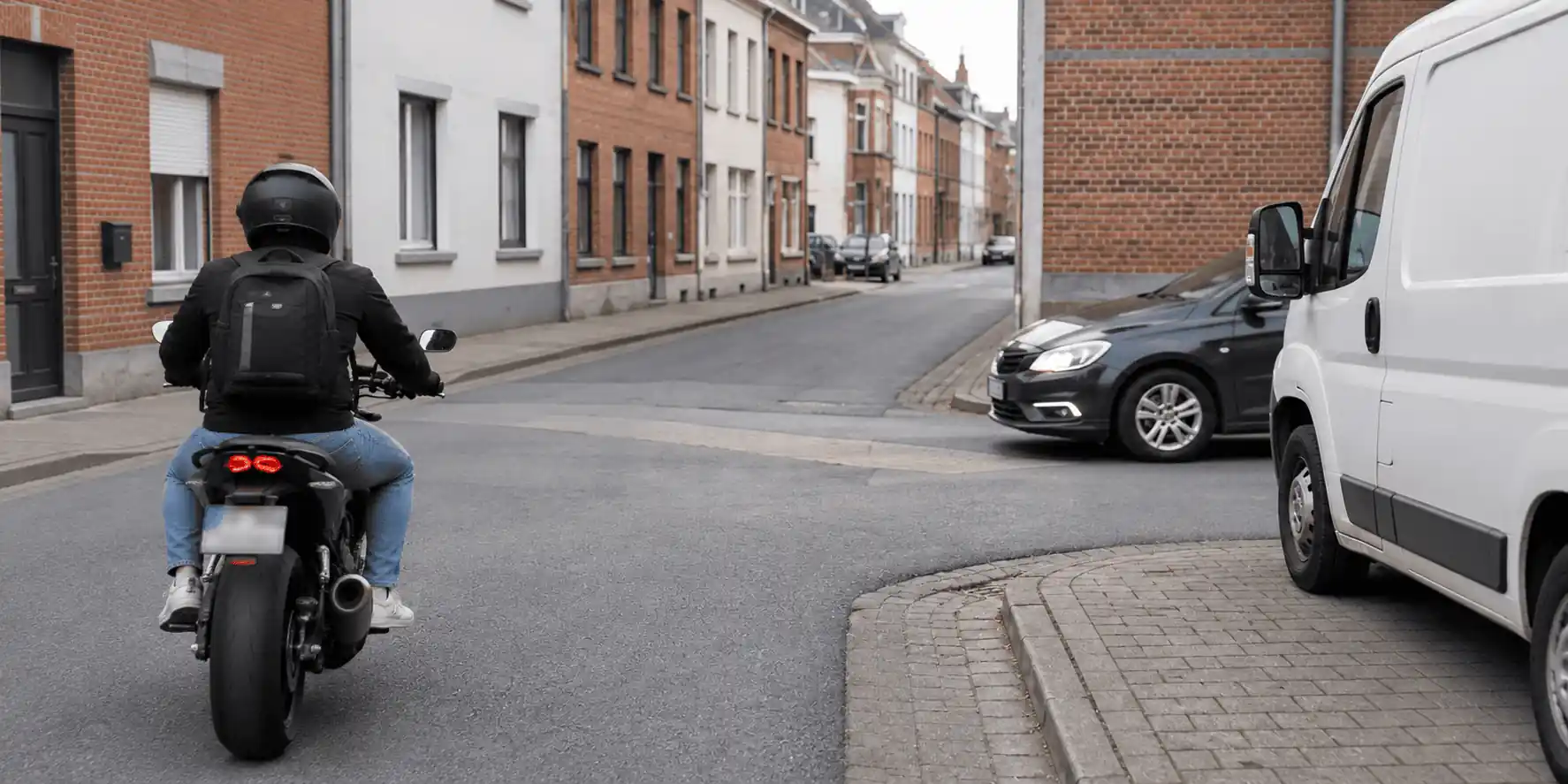 Un motocycliste approche d’un débouché à droite, partiellement masqué par un utilitaire blanc ; l’avant d’une voiture dépasse déjà dans la chaussée.