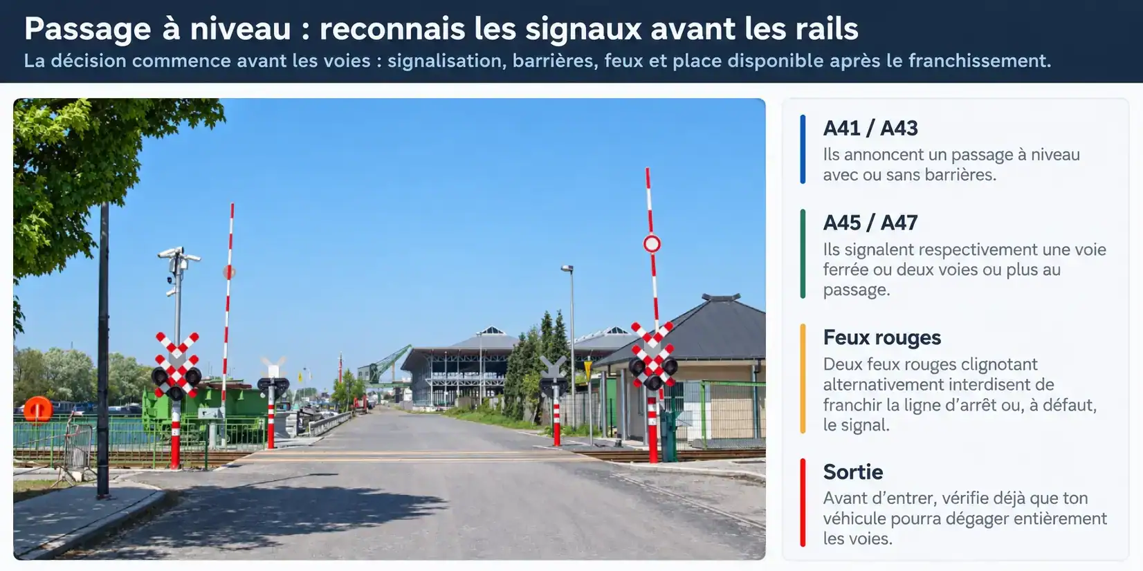 Passage à niveau avec barrières levées, signaux A47 et feux de part et d’autre de la route ; la sortie au-delà des voies est dégagée.
