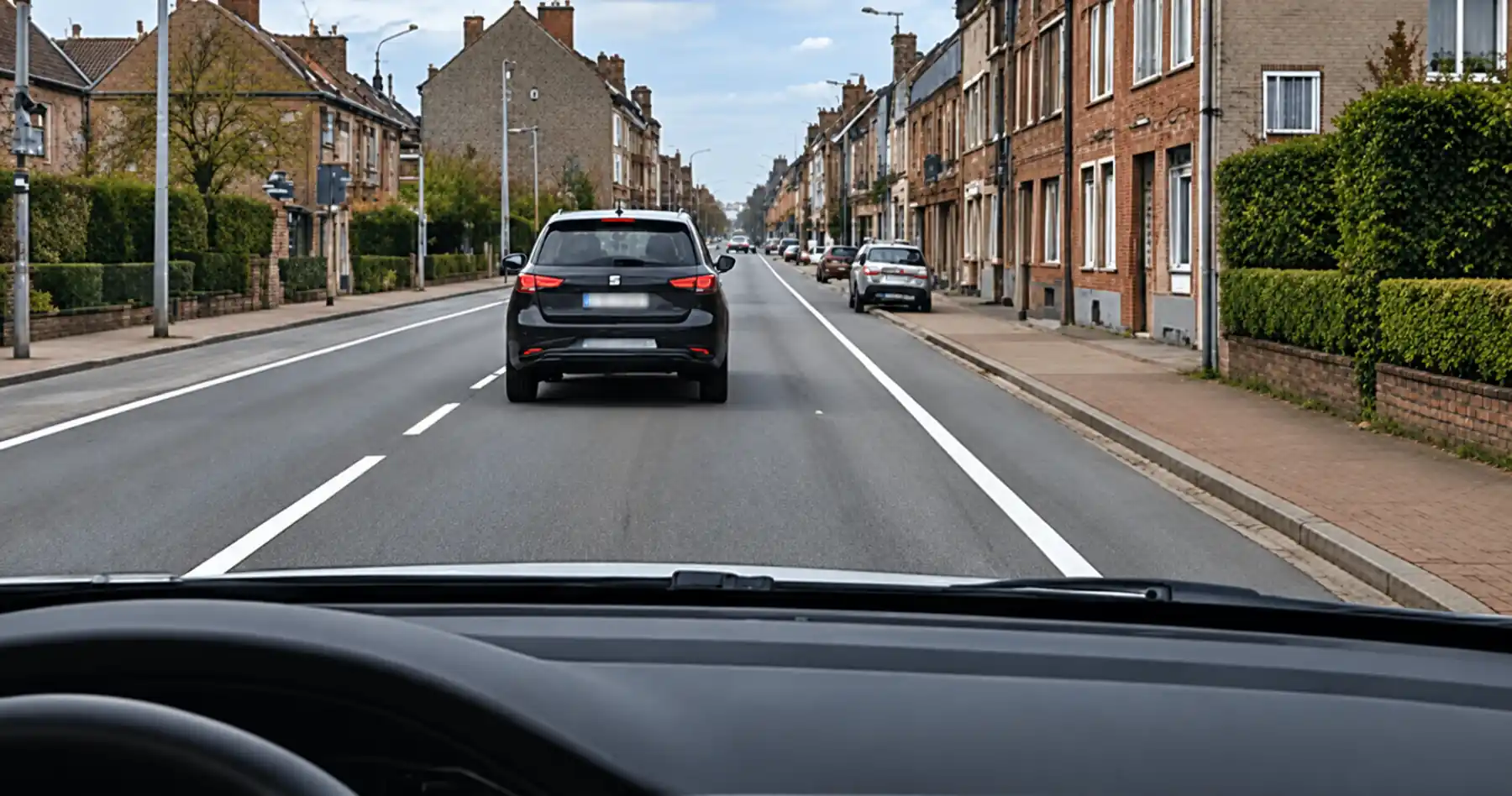 Voiture dans la bande de droite, entre une ligne discontinue à gauche et une ligne continue à droite, à distance des véhicules stationnés.