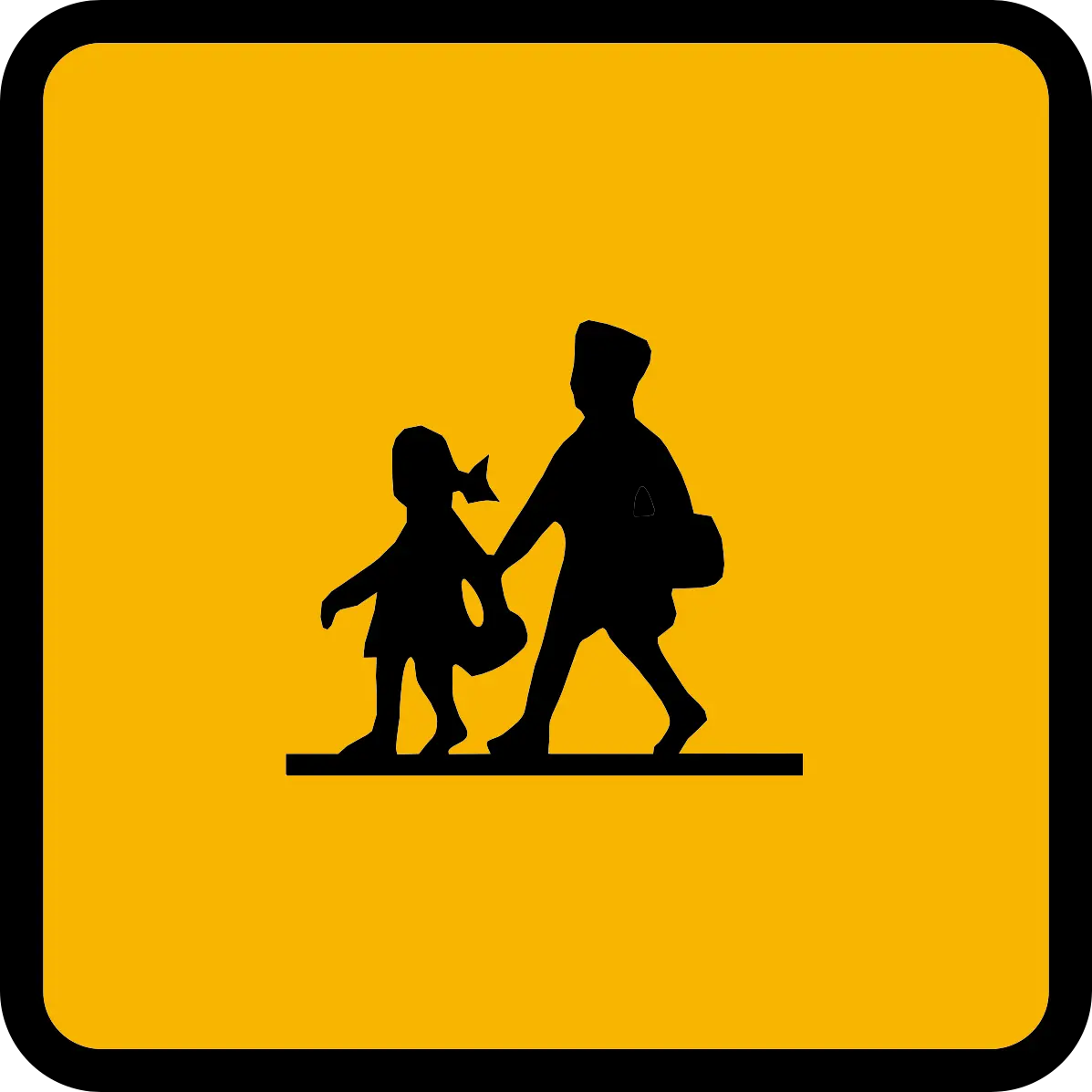 Panneau de transport scolaire : deux silhouettes d’enfants noires sur fond jaune.