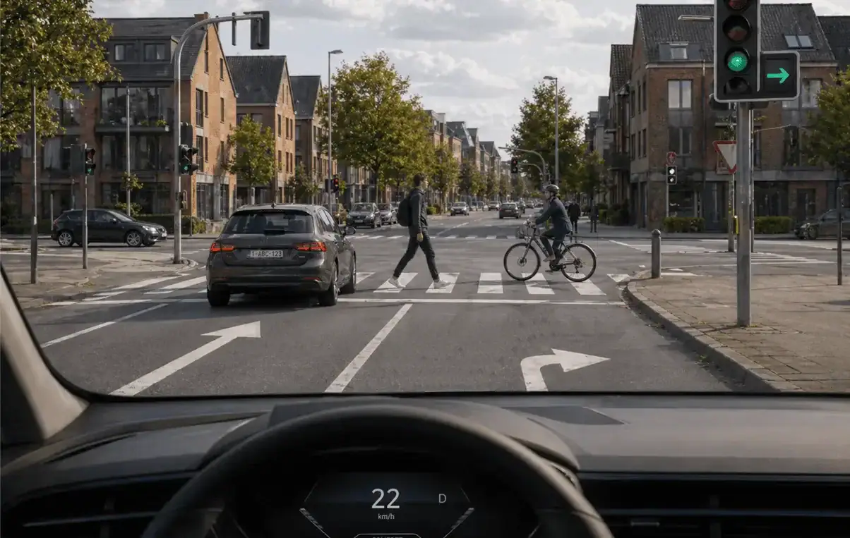 Vue du conducteur : feu vert et flèche verte vers la droite ; un piéton et un cycliste traversent la chaussée en sens opposés sur le passage pour piétons.